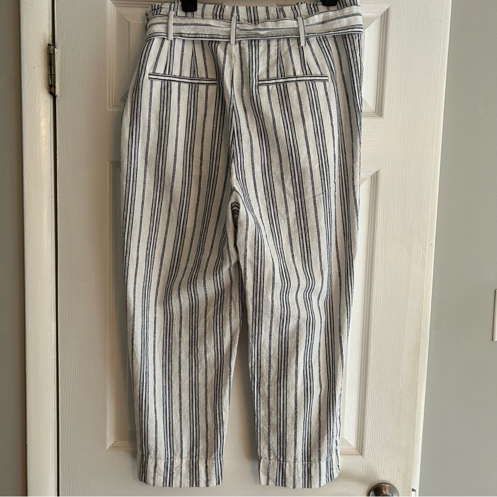 Madewell Women's Linen Cotton Blend Paperbag pants blue white belted size 12 - Picture 8 of 12